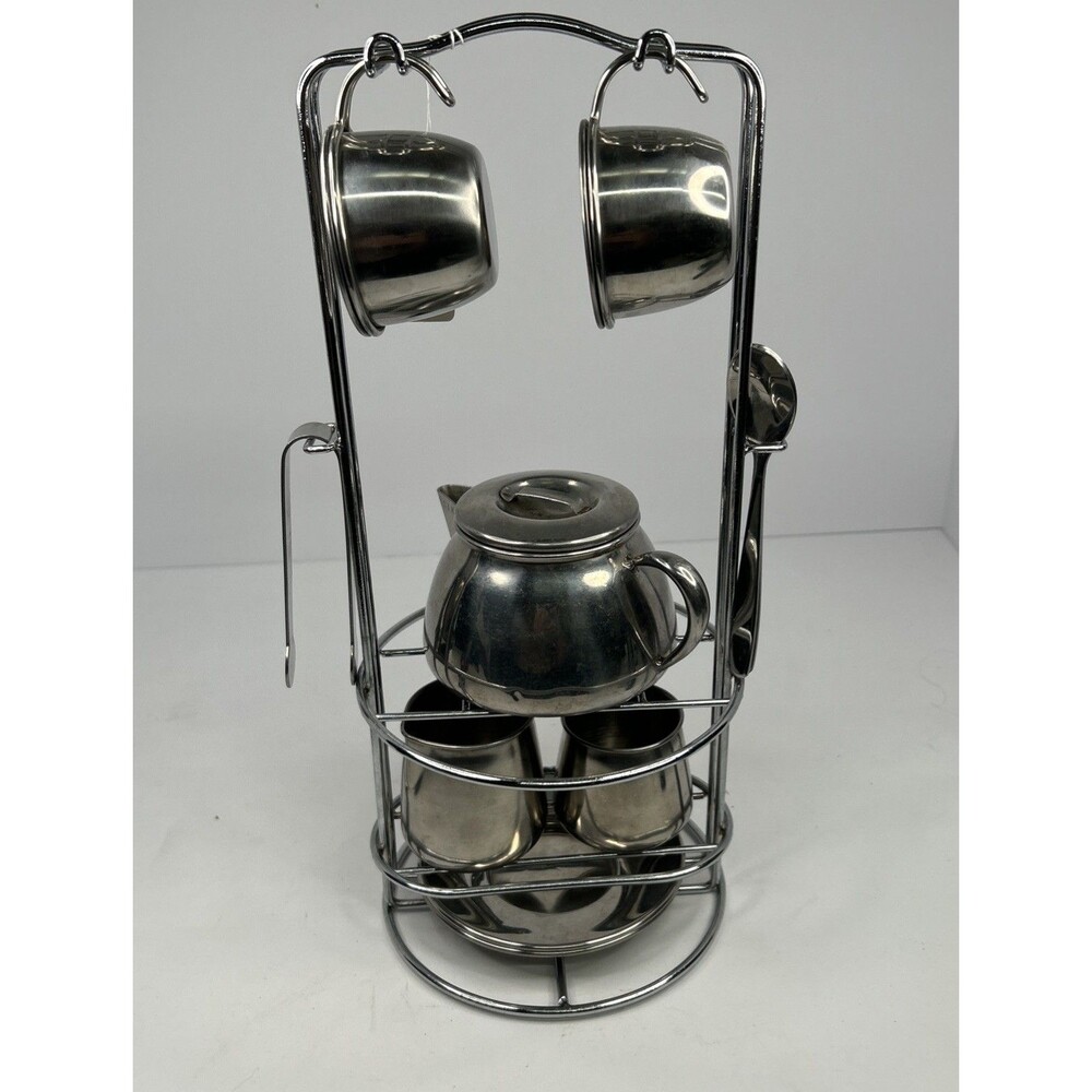 Vintage Polar Ware Stainless Steel Individual Teapot Set with Play Rack & Cups